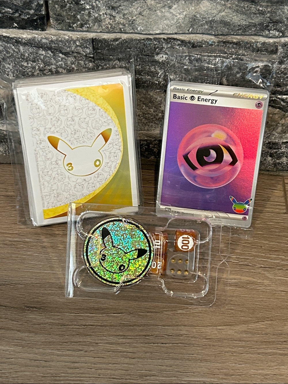 Holographic Pikachu Coin, Dice, Card Sleeves & Pokemon Energy Card Set Unopened